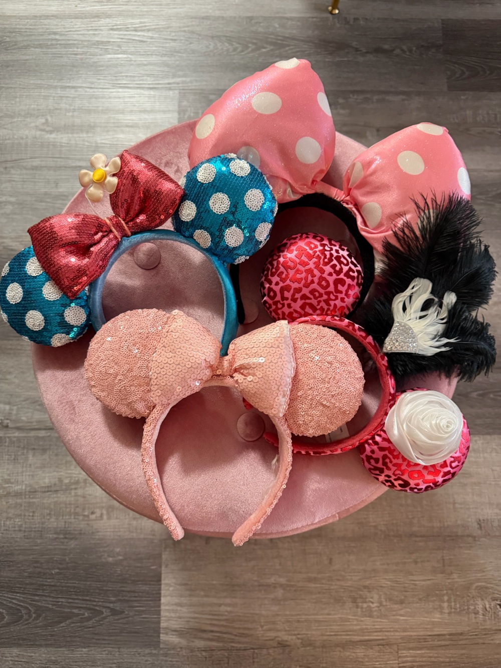 Lot of 4 Pink Disney Minnie Ears with Polka Dots, Sequins and Feathers